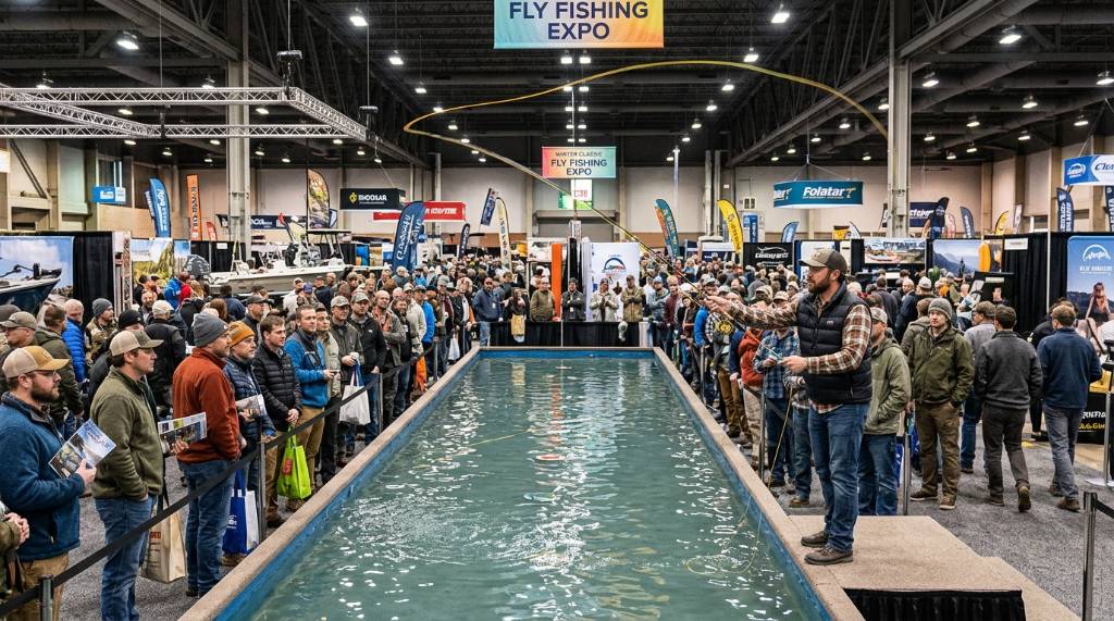Angler practicing a fly cast at a casting pond during a winter fishing expo