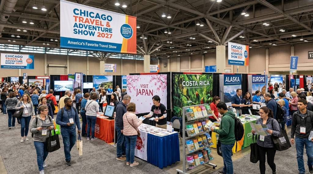 Travelers browsing destination booths and collecting brochures at the Chicago Travel and Adventure Show 2027