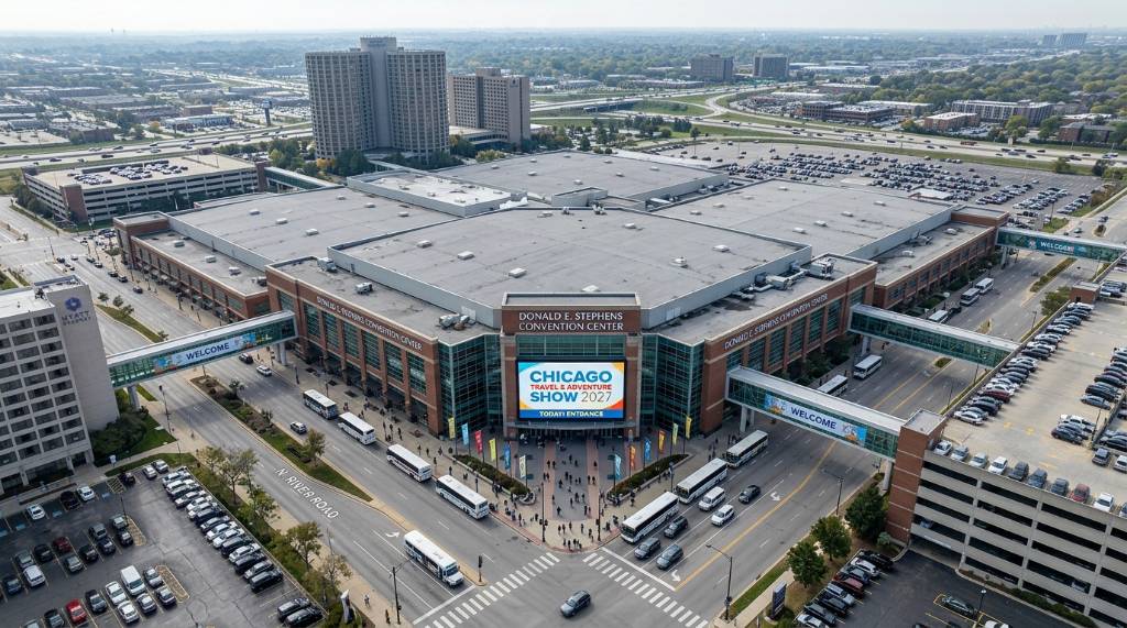 Aerial view of the Donald E. Stephens Convention Center in Rosemont Illinois, host venue of the Travel and Adventure Show Chicago 2027