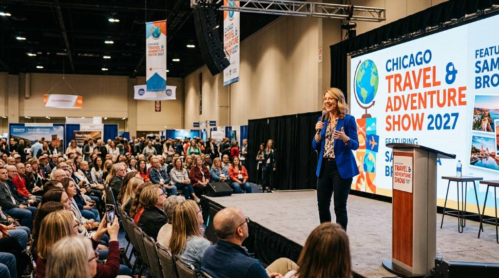 Celebrity travel host Samantha Brown speaking at a travel seminar at the 2027 Chicago Travel and Adventure Show